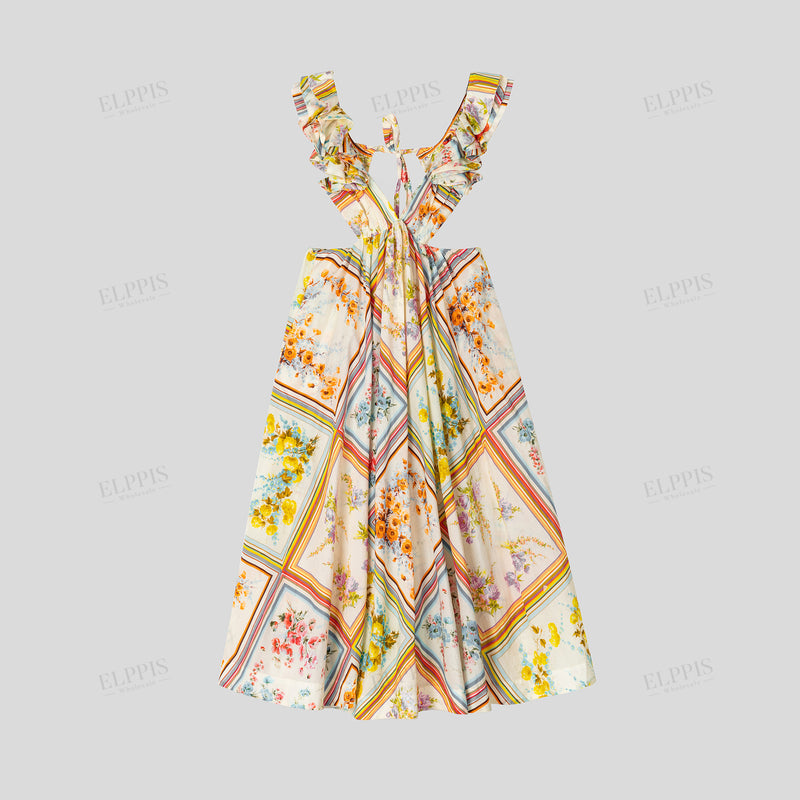 WZBA1442 Graphic Flowers V neck Maxi Dress