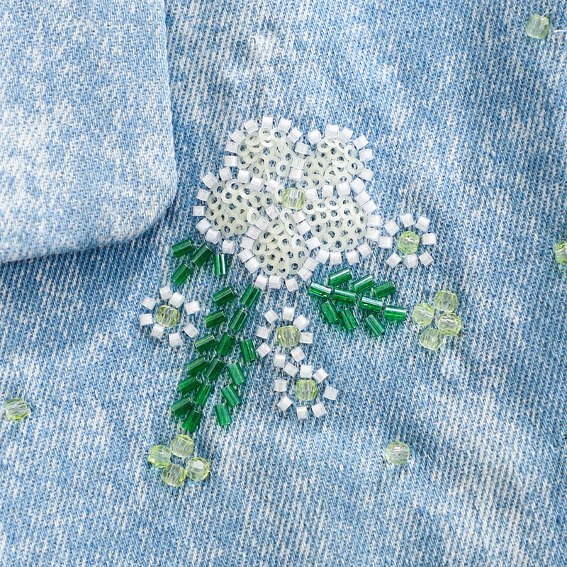 WZUA1465 Beaded Denim Blazer and Shorts Set
