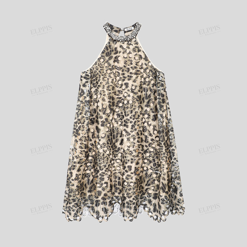 WZBA1316 Leopard Eyelets Embroidery Mini Dress