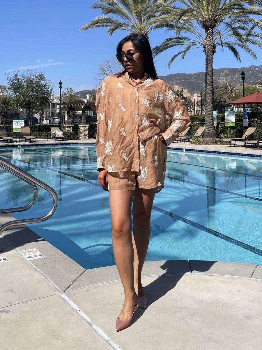 WZUA1110-Sheer Embroidered Shirt & Shorts Set