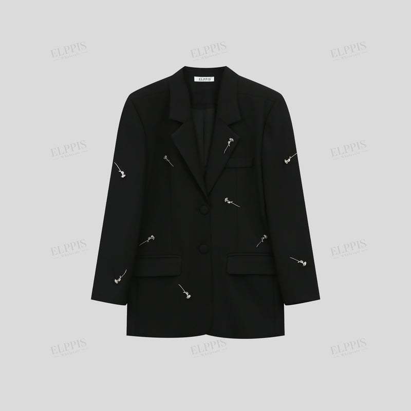 WZTA1455 Metallic Rose Deco Blazer Outerwear
