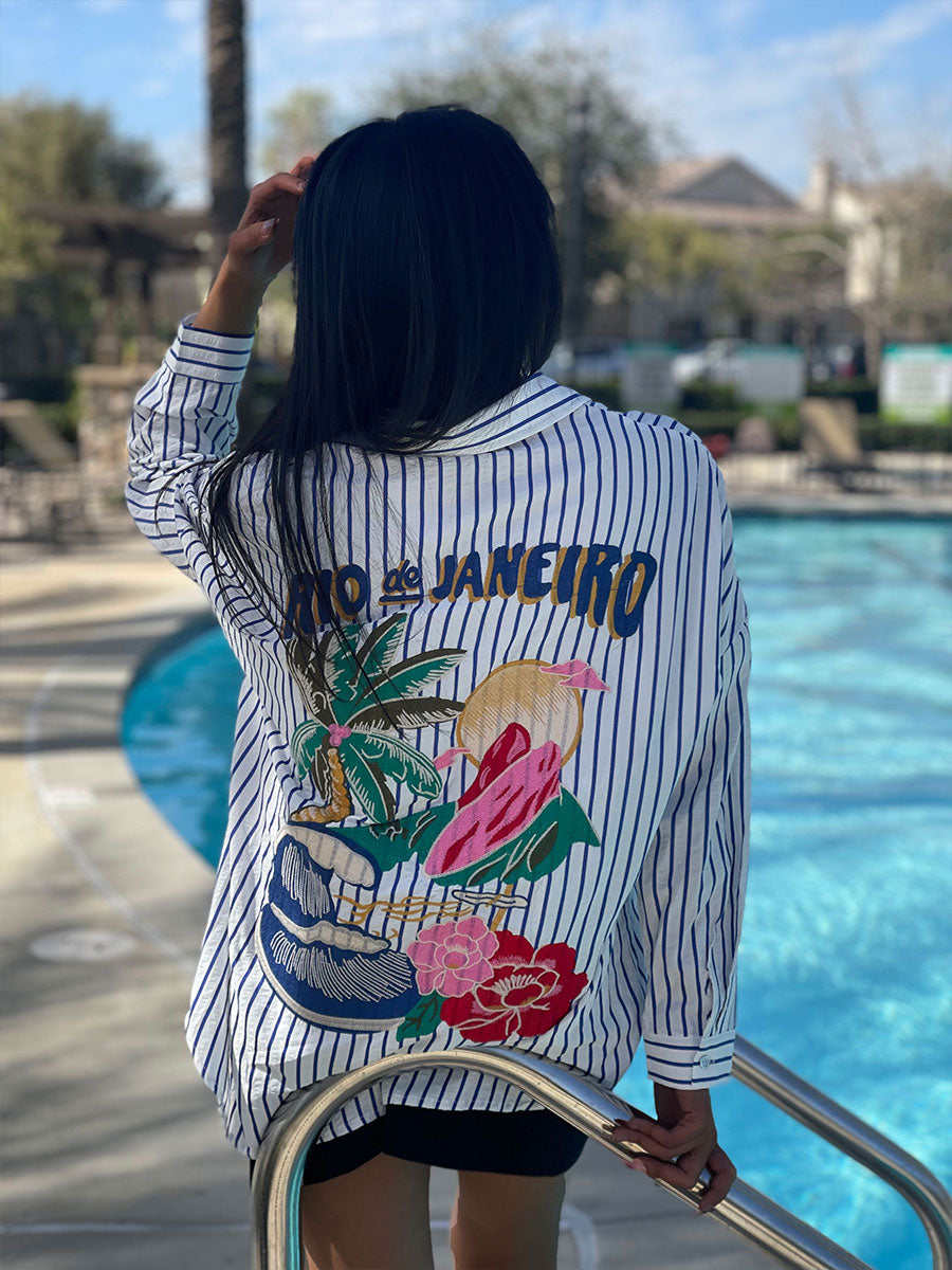 WZTA1101-Oversized Striped Button-Up Shirt
