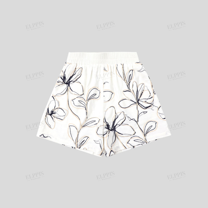 WZUA1108 Floral Embroidery Shirt and Shorts Set