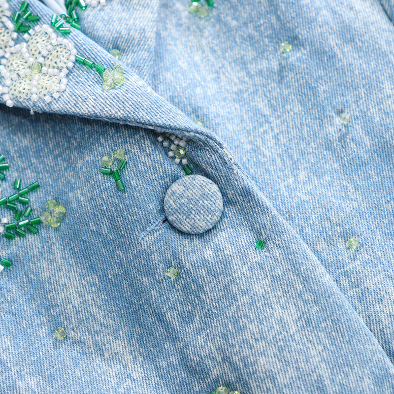 WZUA1465 Beaded Denim Blazer and Shorts Set