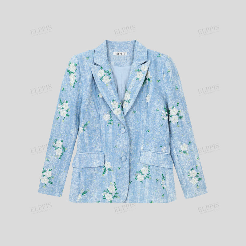 WZUA1465 Beaded Denim Blazer and Shorts Set