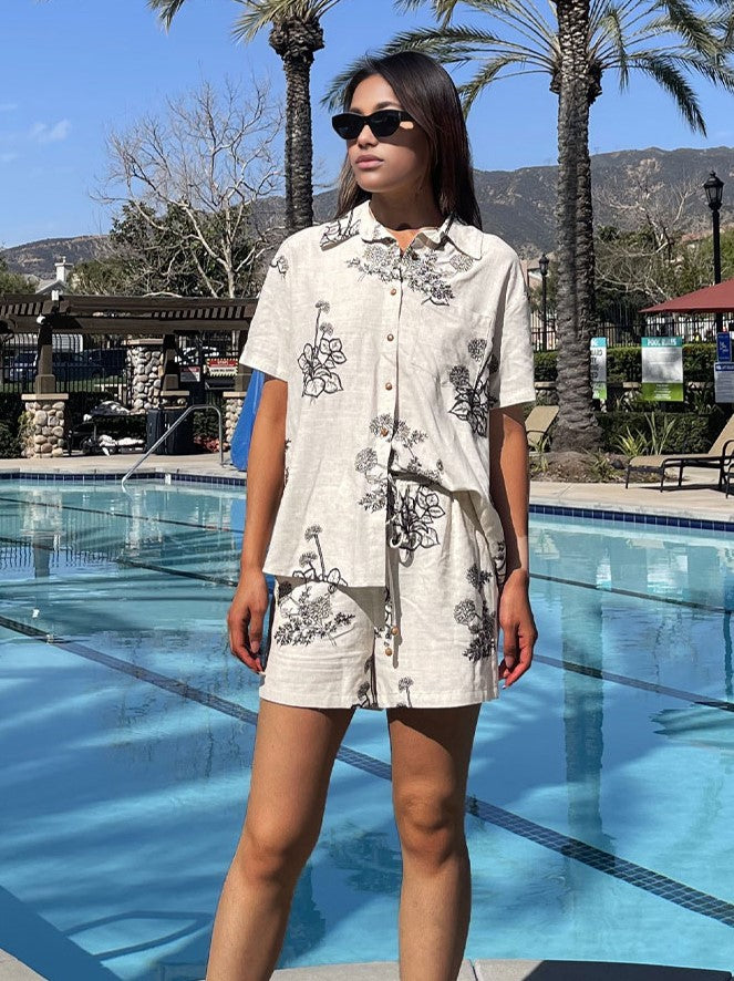 WZUA1049-Linen Embroidered Two-Piece Shorts Set