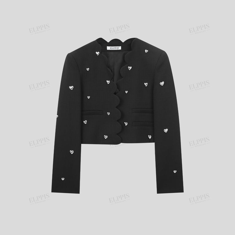 WZTA1356 3D Hearts Embellished Crop Jacket Outerwear