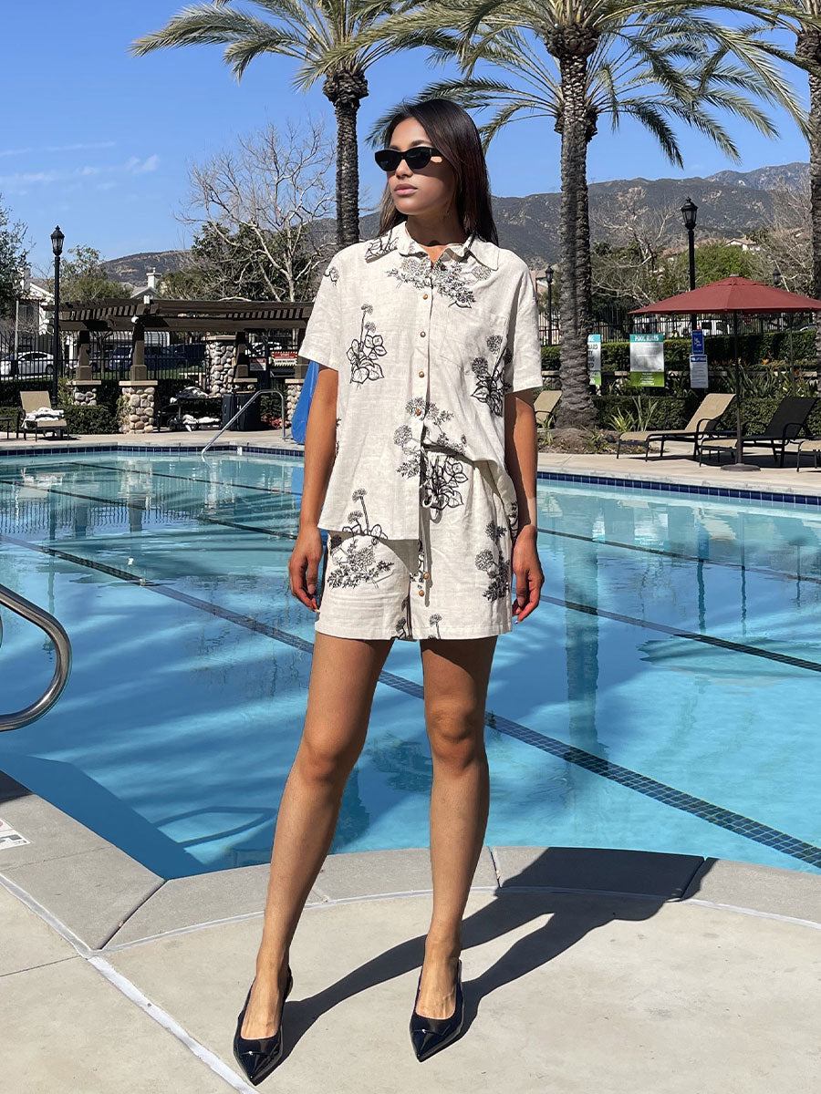 WZUA1049-Linen Embroidered Two-Piece Shorts Set
