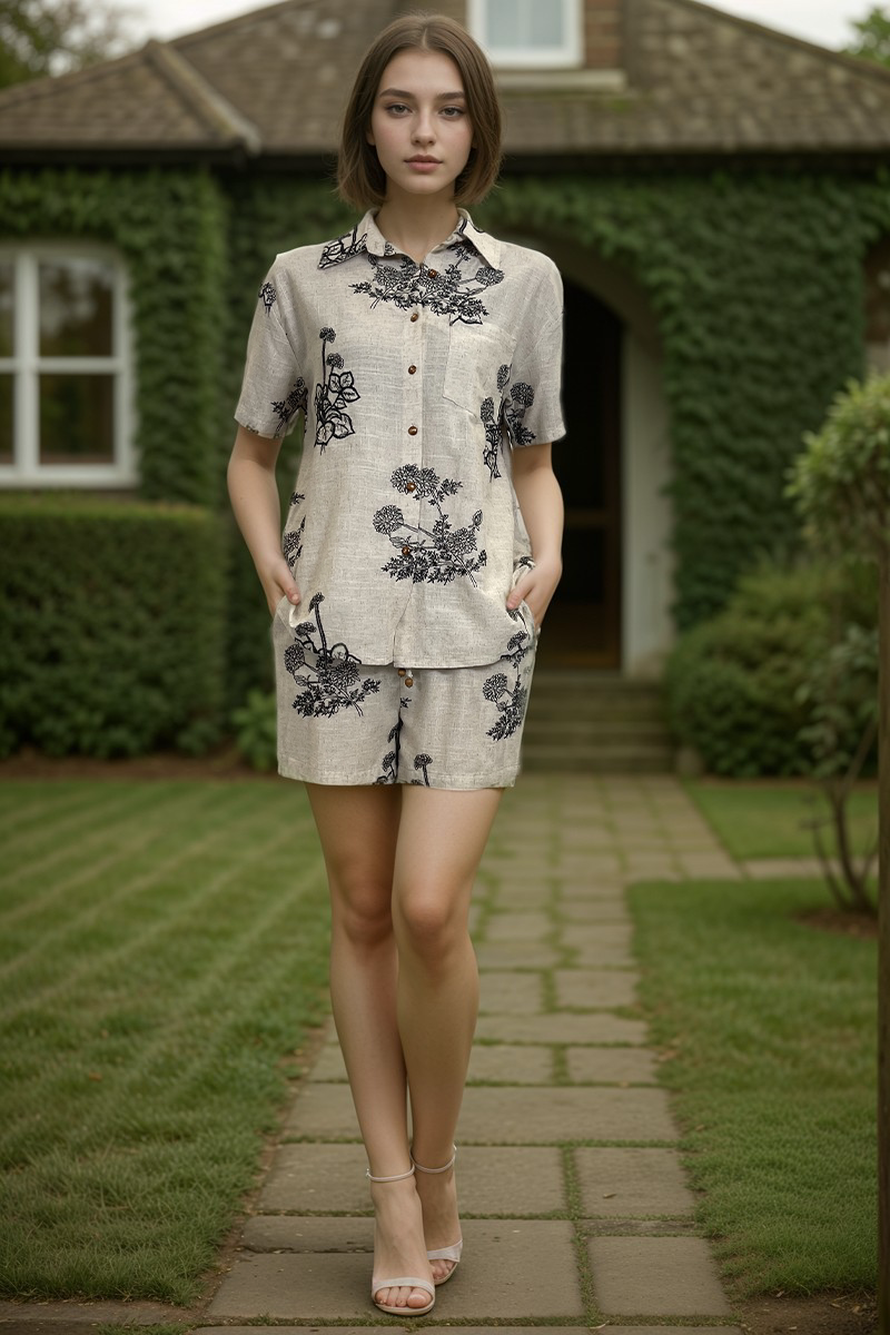 WZUA1049-Linen Embroidered Two-Piece Shorts Set