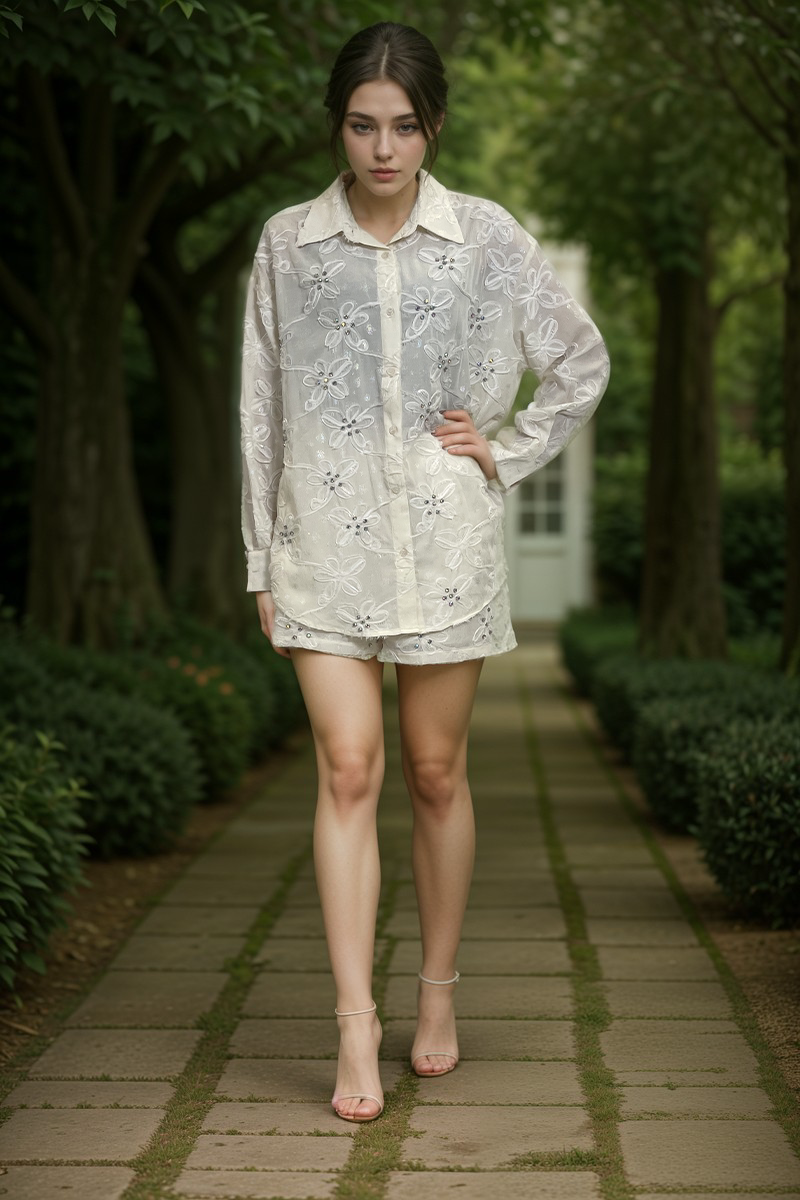 WZUA1106-Sheer Floral Embroidered Shirt & Shorts Set