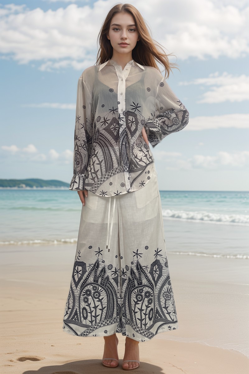 WZUA1117 Sheer Blouse & Wide-Leg Pants Set