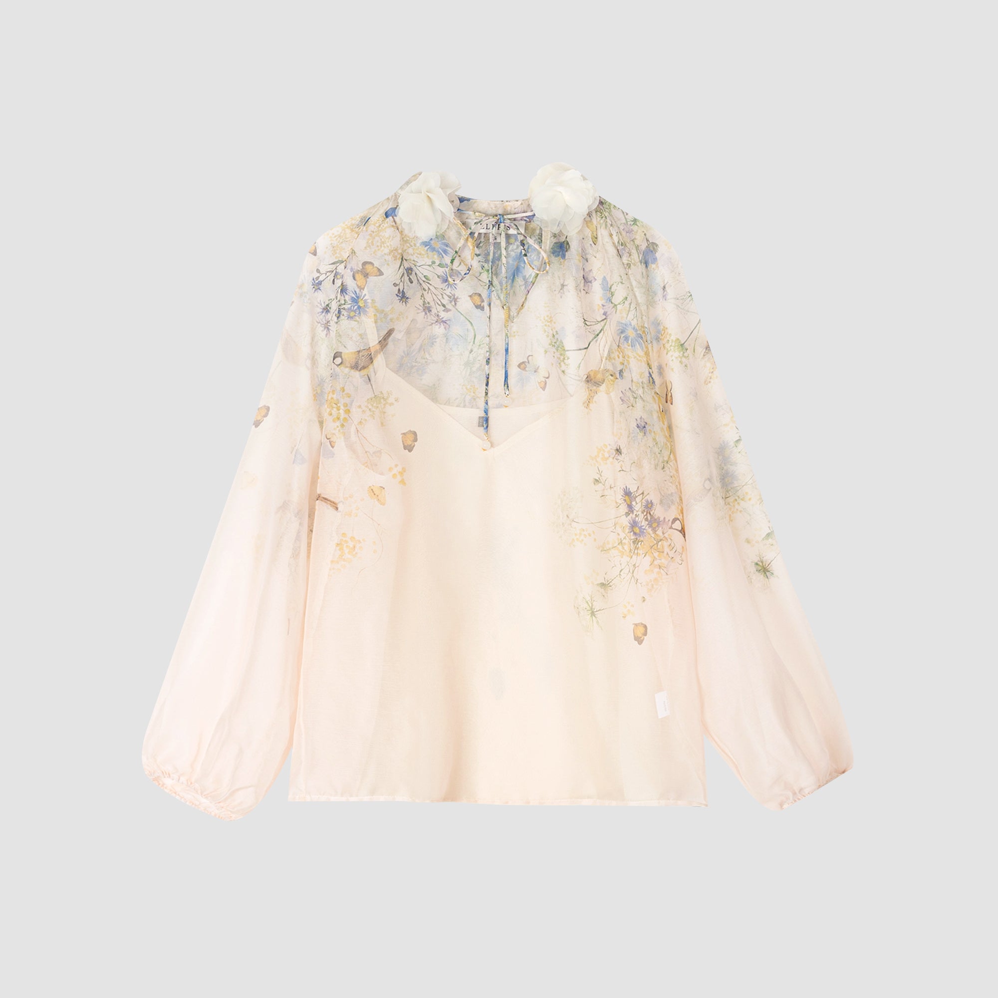 WZUA1081-Sheer Floral Blouse and Shorts Set
