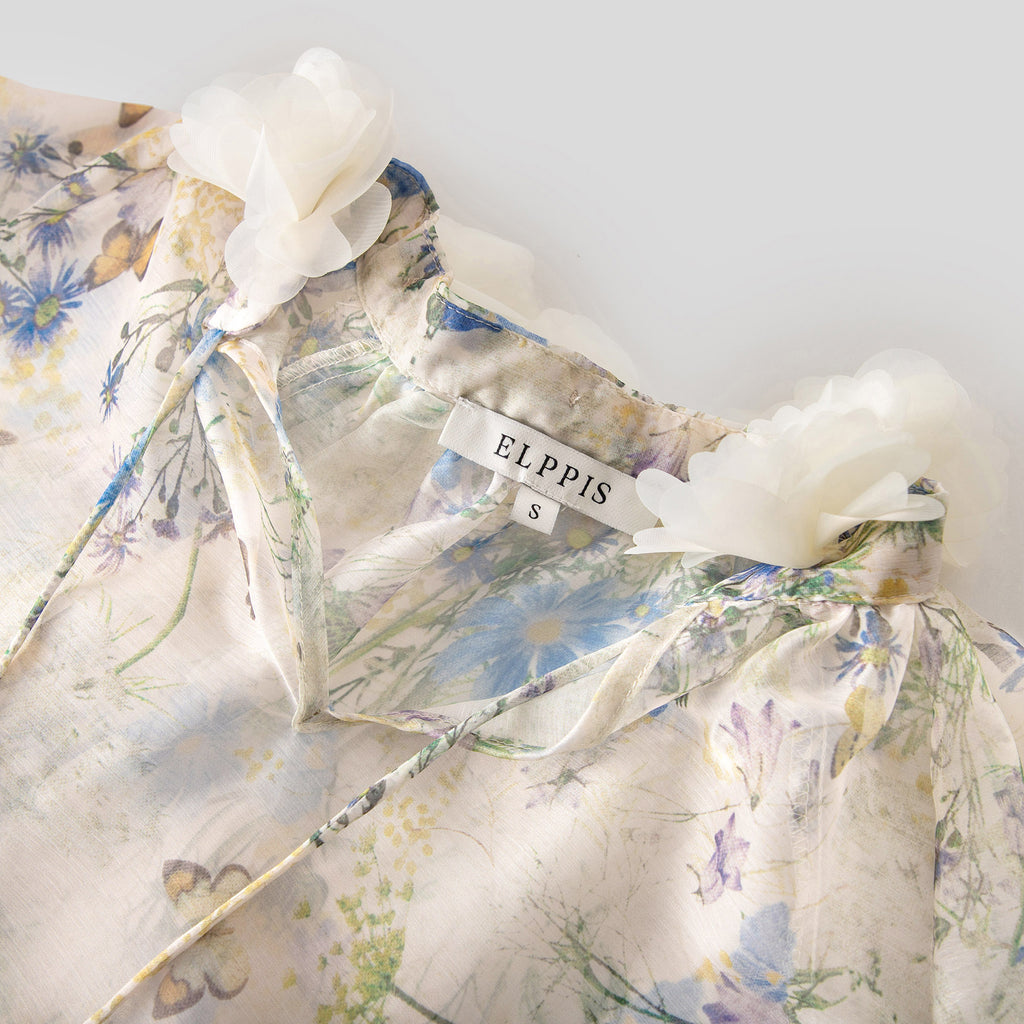 WZUA1081-Sheer Floral Blouse and Shorts Set