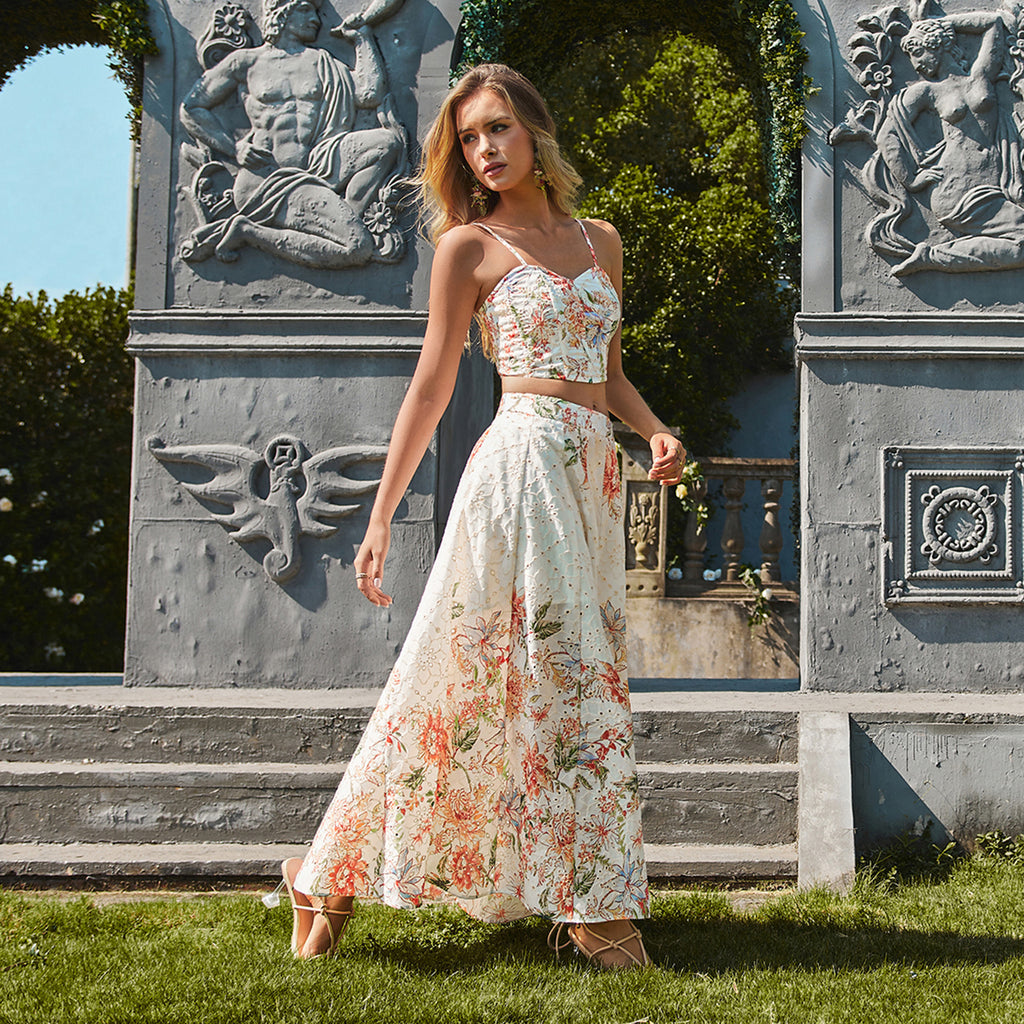WZUA1017-Floral Eyelet Two-Piece Skirt Set