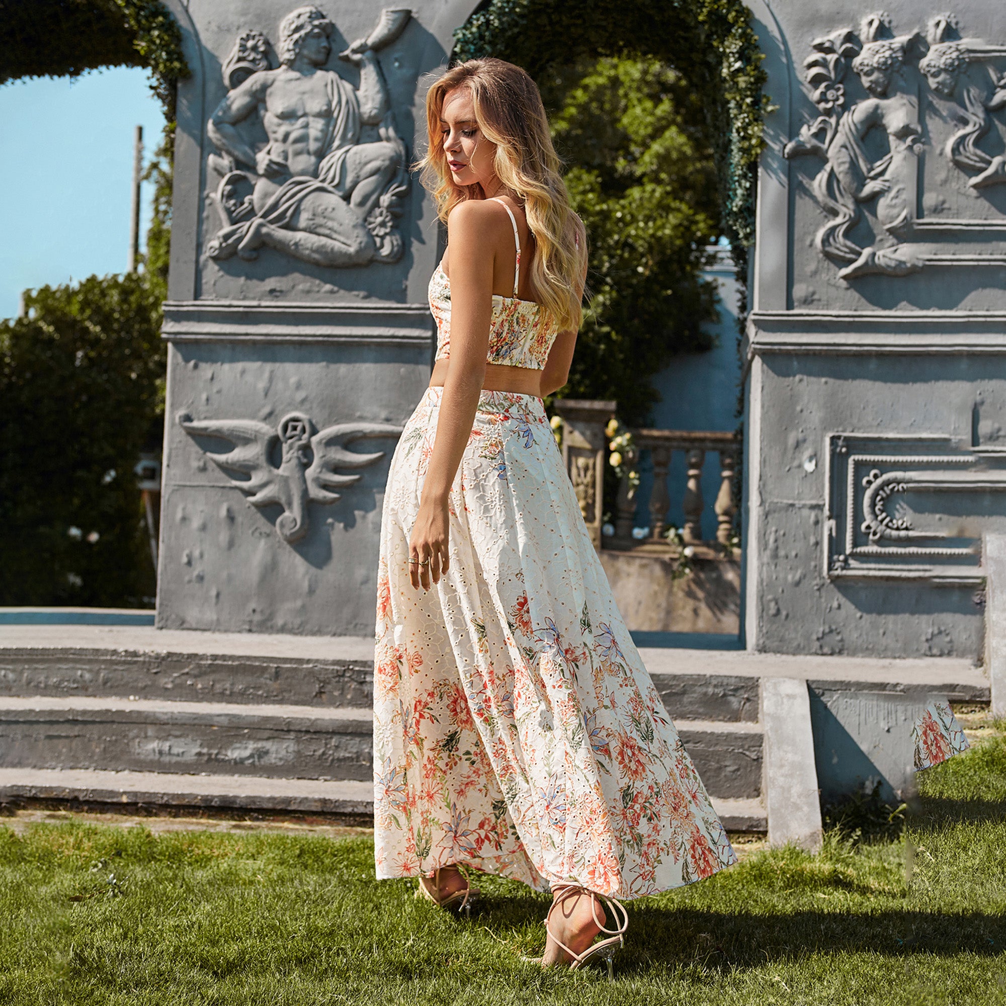 WZUA1017-Floral Eyelet Two-Piece Skirt Set