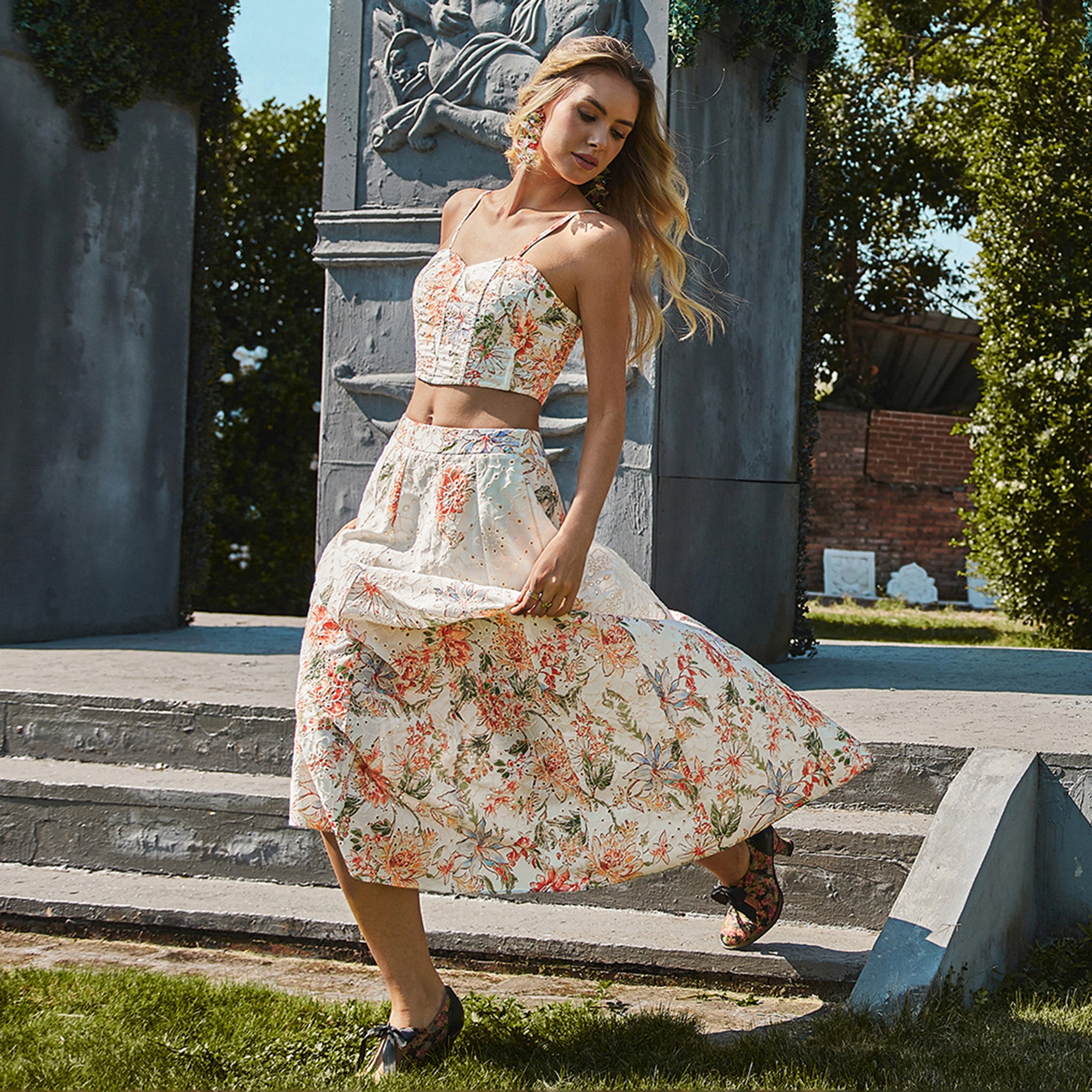 UA1017-Floral Eyelet Two-Piece Skirt Set