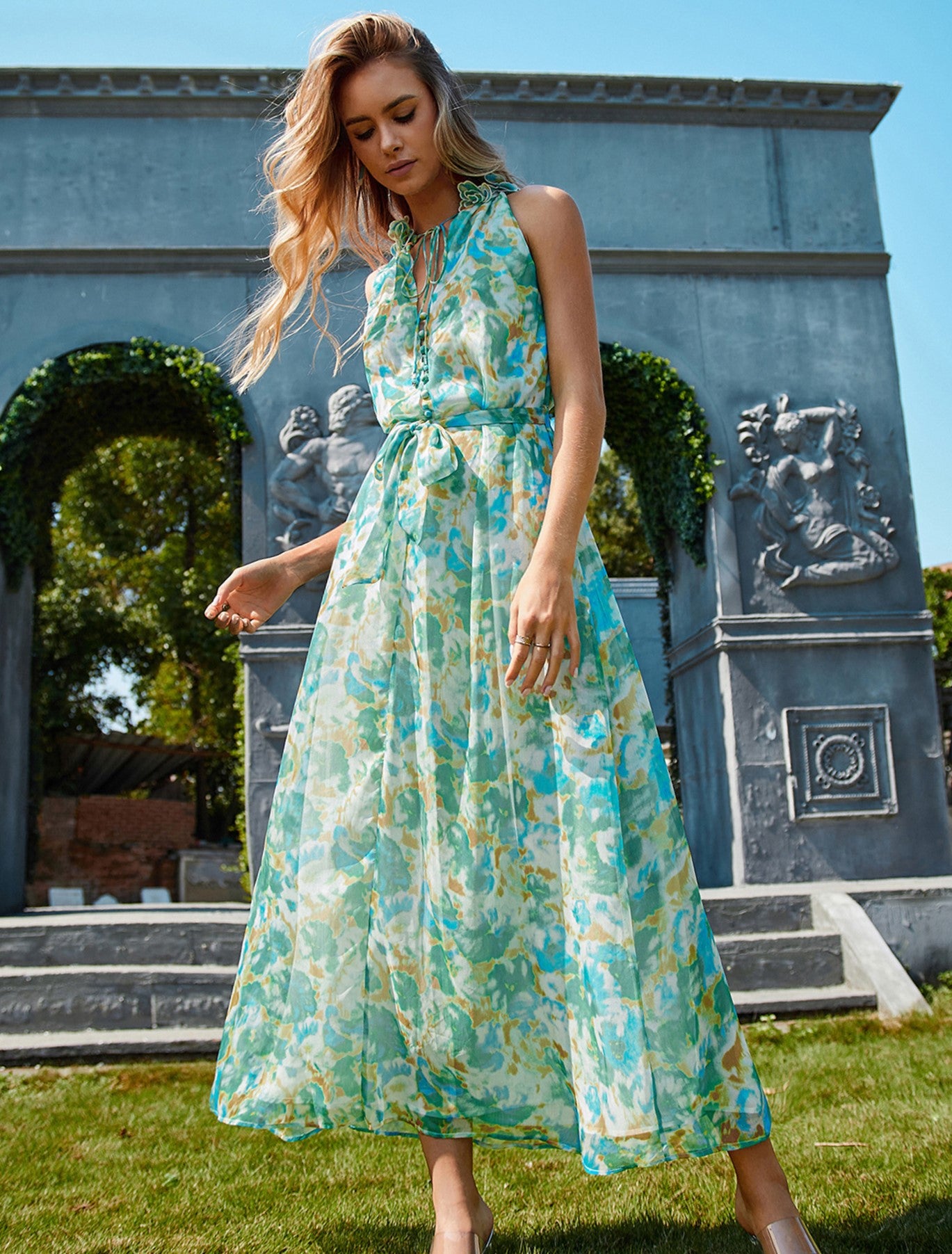 BA1082-Watercolor Print Maxi Dress