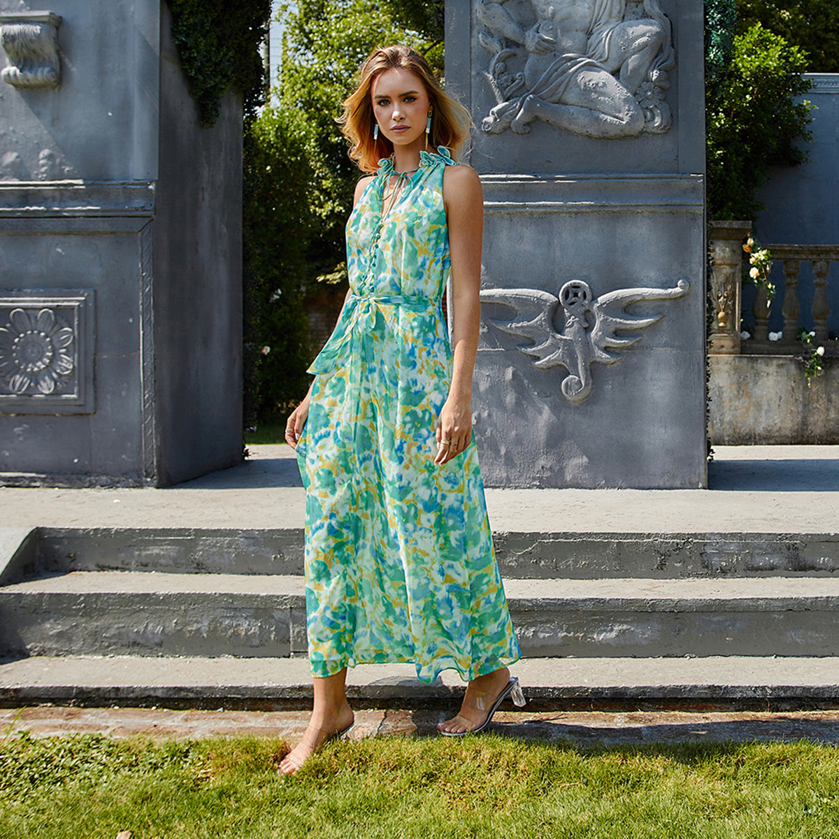 BA1082-Watercolor Print Maxi Dress
