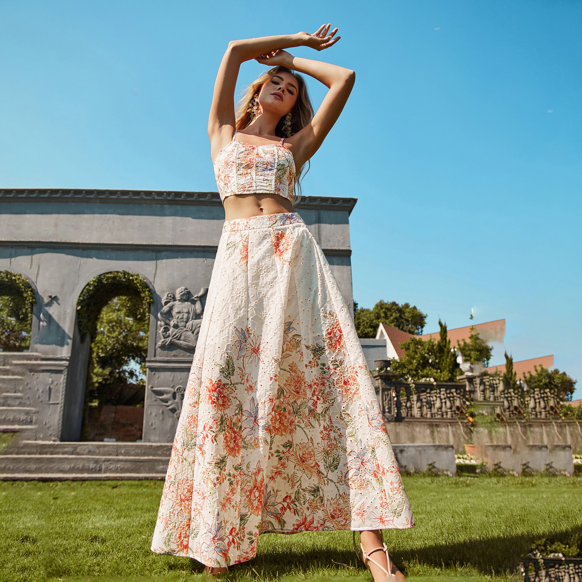 UA1017-Floral Eyelet Two-Piece Skirt Set