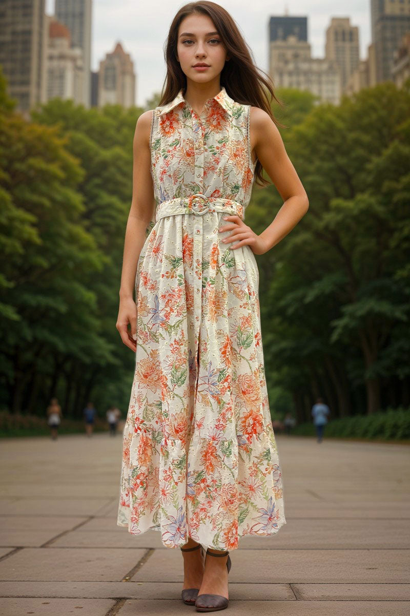 BA1018-Sleeveless Floral Print Belted Midi Dress