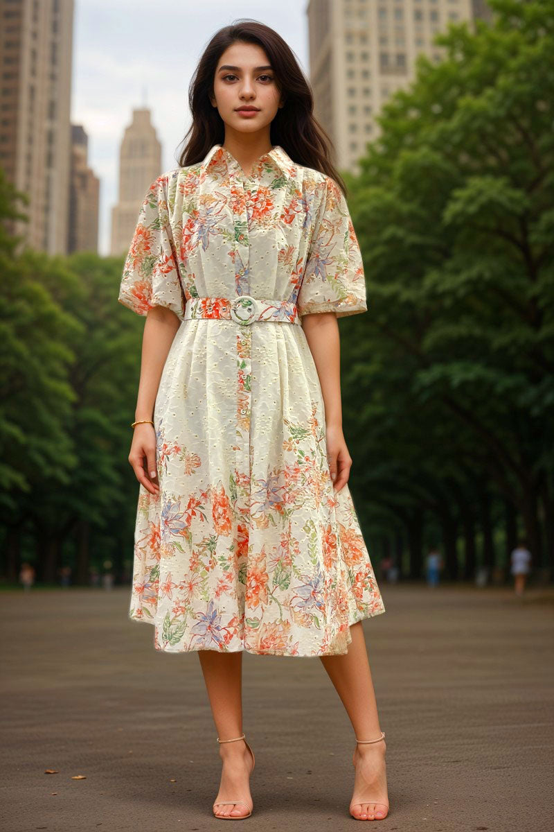 BA1019-Floral Print Belted Midi Dress