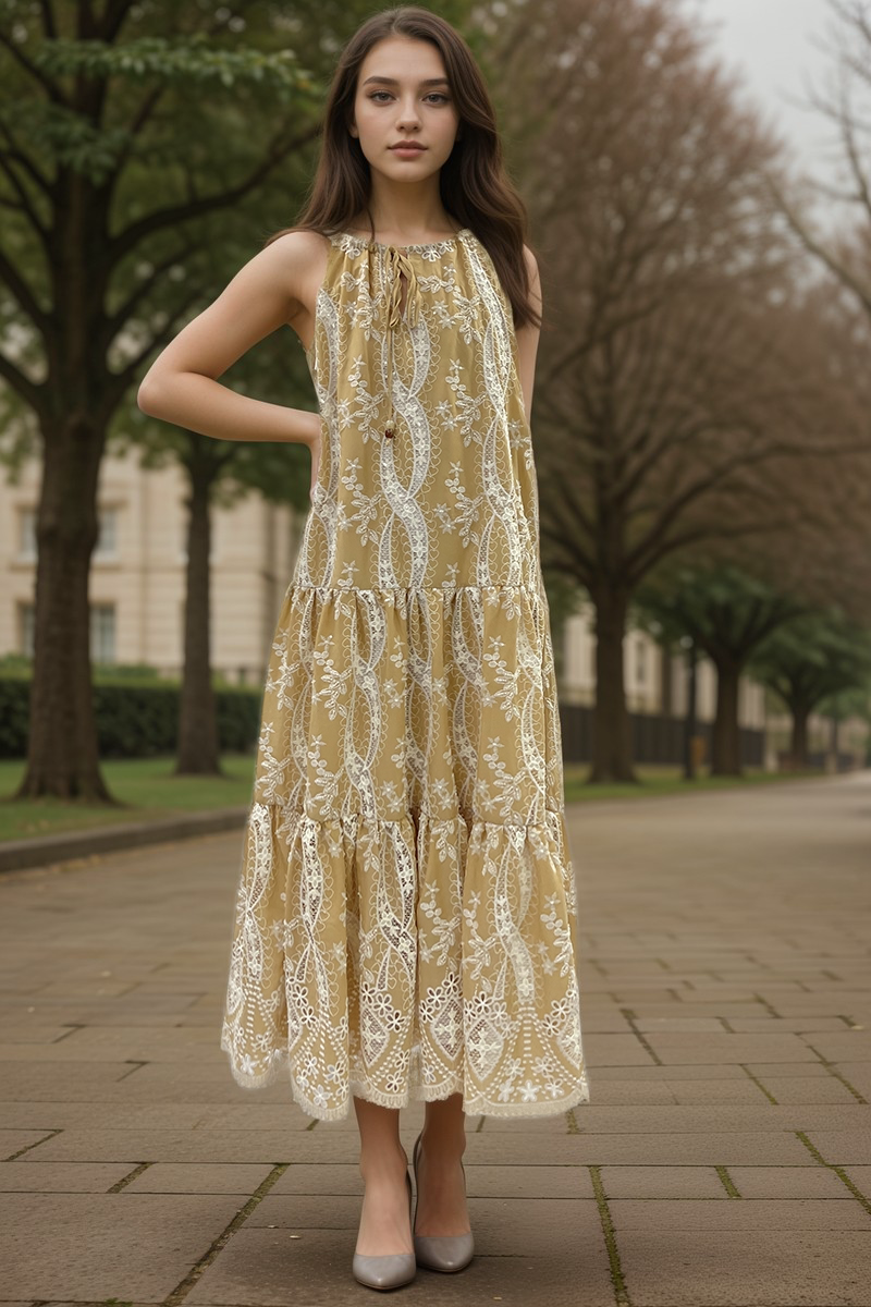 BA1030-Embroidered Halter Tiered Dress