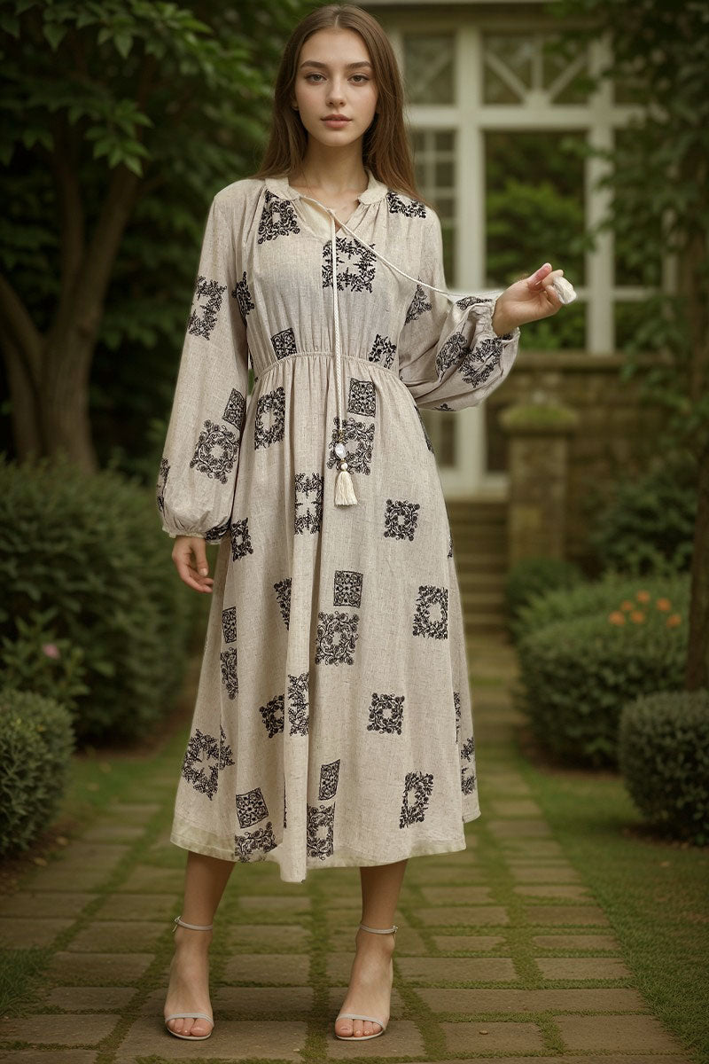 WZBA1047-Embroidered Boho Peasant Midi Dress