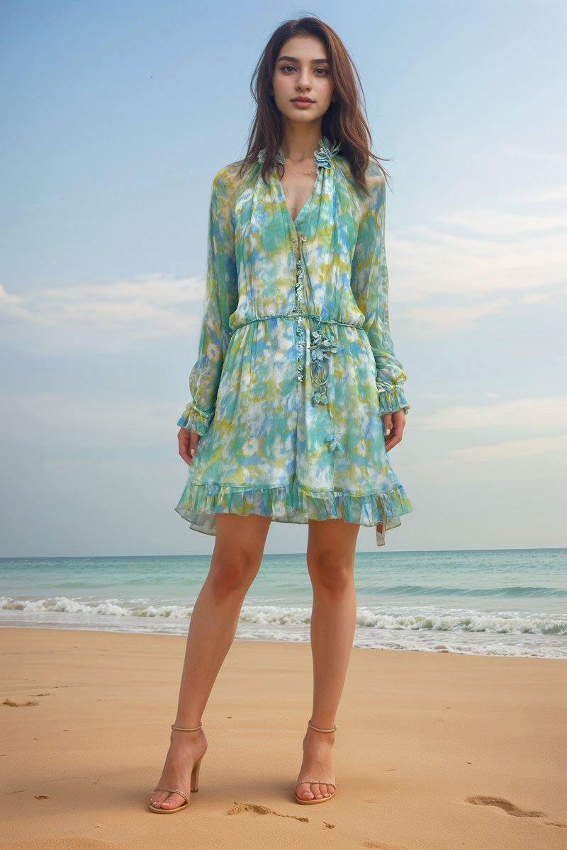 WZBA1084-Watercolor Print Chiffon Mini Dress
