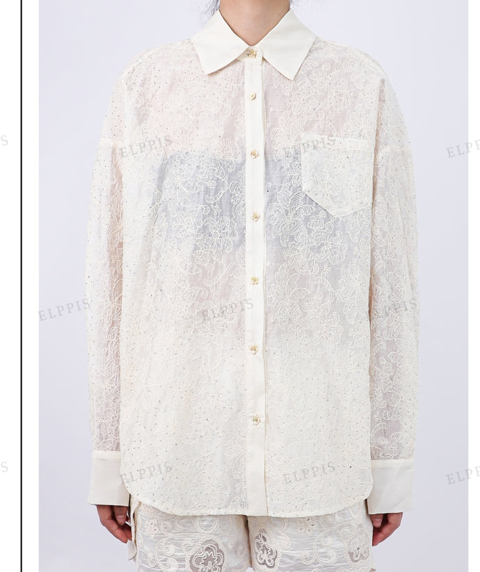 WZTA1284 Embroidery Sheer Long Shirt