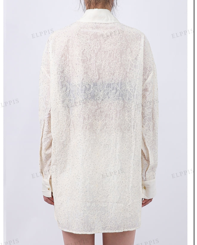 WZTA1284 Embroidery Sheer Long Shirt