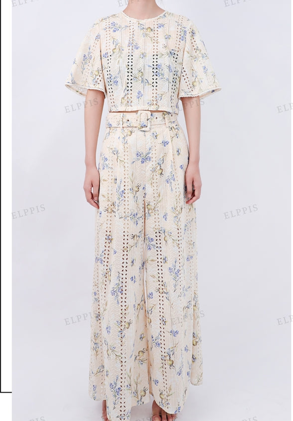 WZUA1024 Floral Lace Top and Pants Set