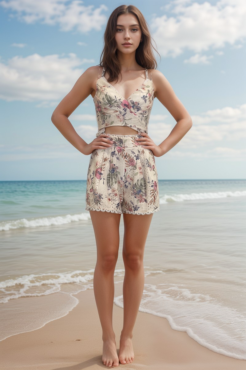 UA1026-Floral Eyelet Two-Piece Shorts Set