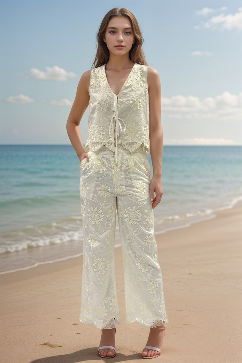 WZUA1036-Sheer Embroidered Lace Pants Set