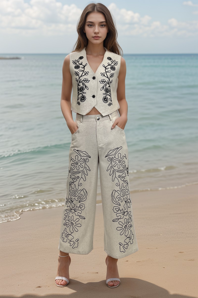 UA1055-Embroidered Vest & Wide-Leg Pants Two-Piece Set