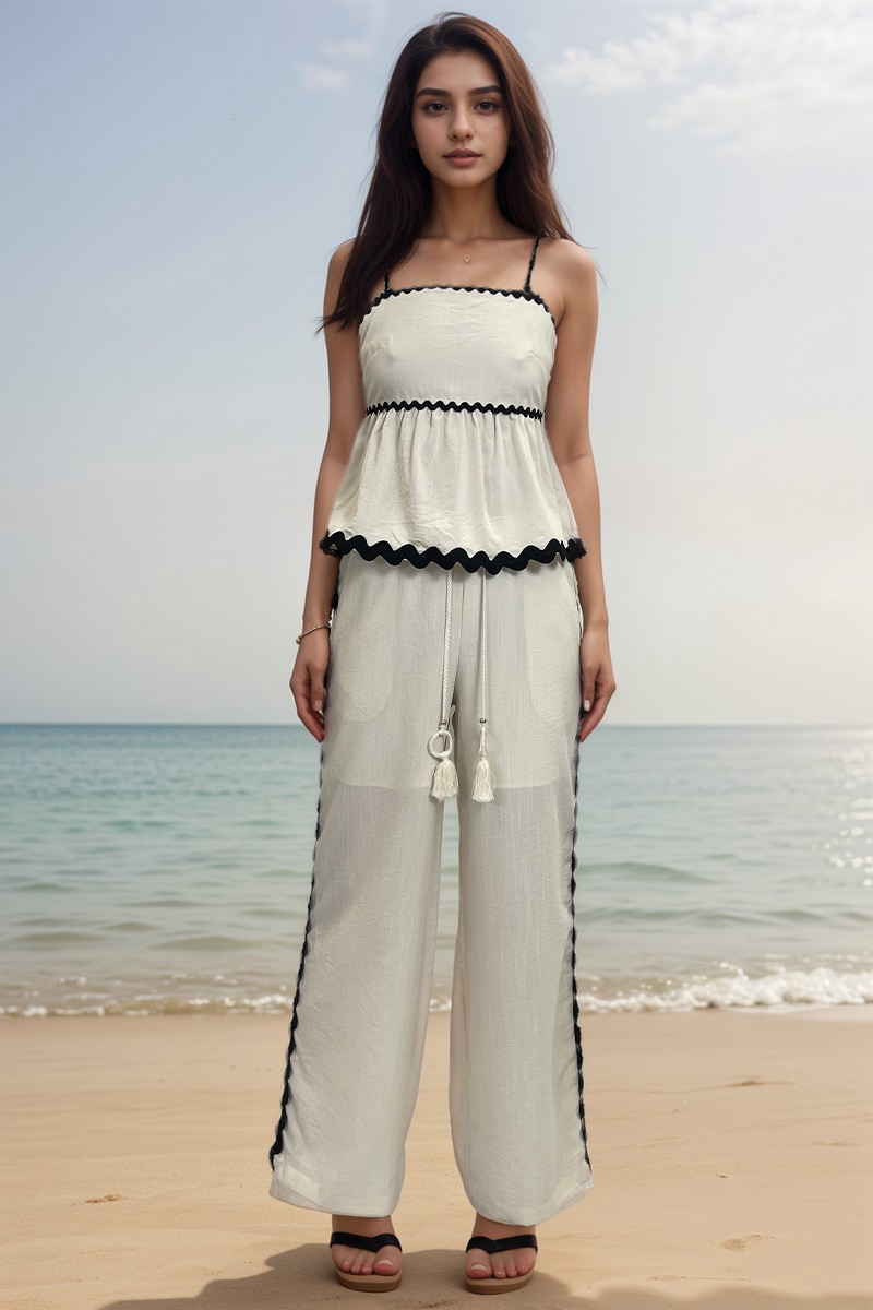 WZUA1060-Scalloped Trim Two-Piece Pants Set