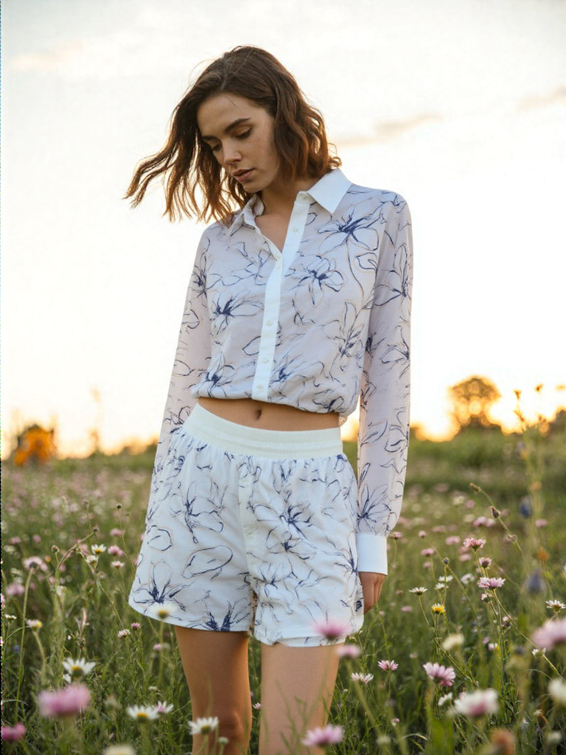WZUA1108 Floral Embroidery Shirt and Shorts Set