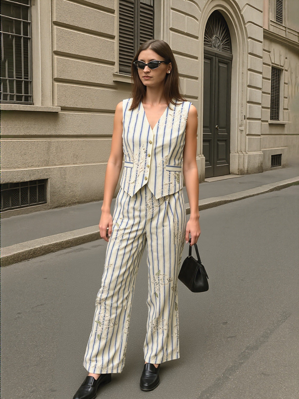 WZUA1113 Striped Vest and Pants Suit Set