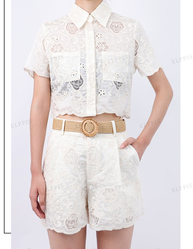 WZUA1187 Lace Embroidery Shirt and Shorts Set