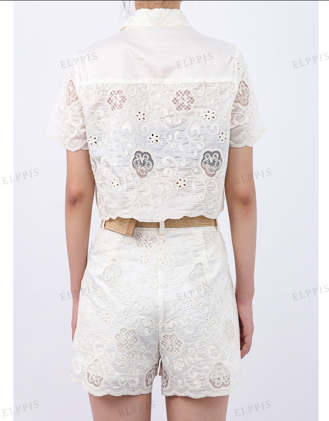 WZUA1187 Lace Embroidery Shirt and Shorts Set
