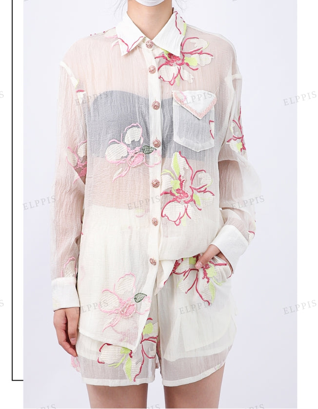 WZUA1243 Floral Embroidery Blouse Shirt