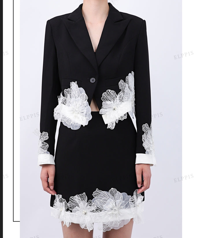WZUA1352 3D Flowers Crop Blazer and Skirt Set