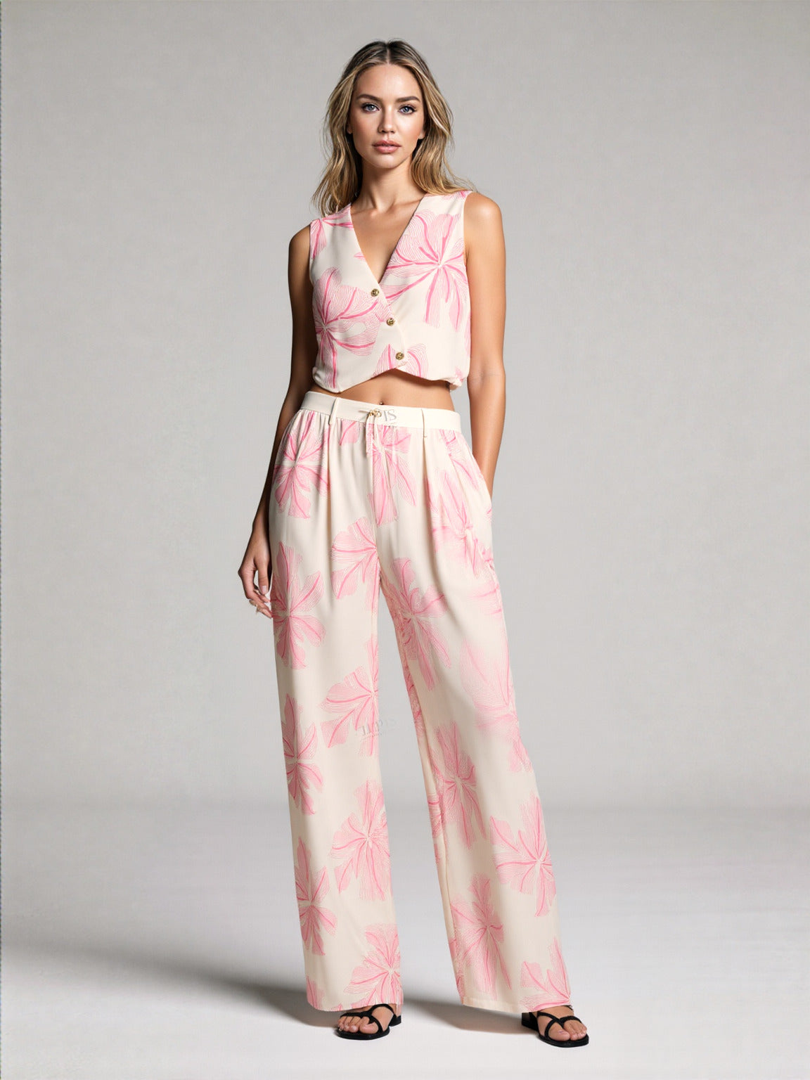 WZUA1437 Floral Embroidery Vest and Pants Set