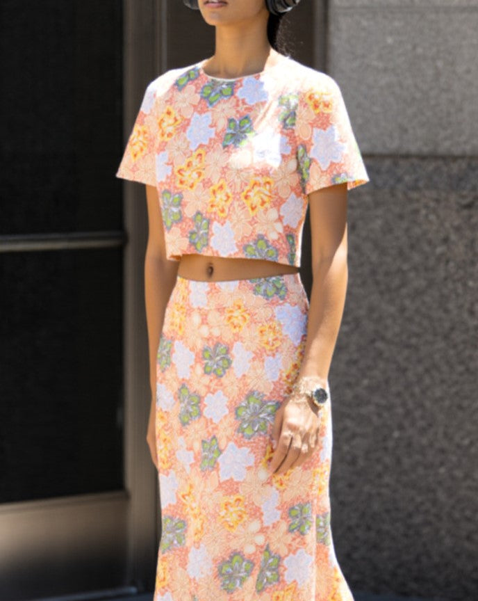 WZUA1451 Floral Lace Top and Skirt Set