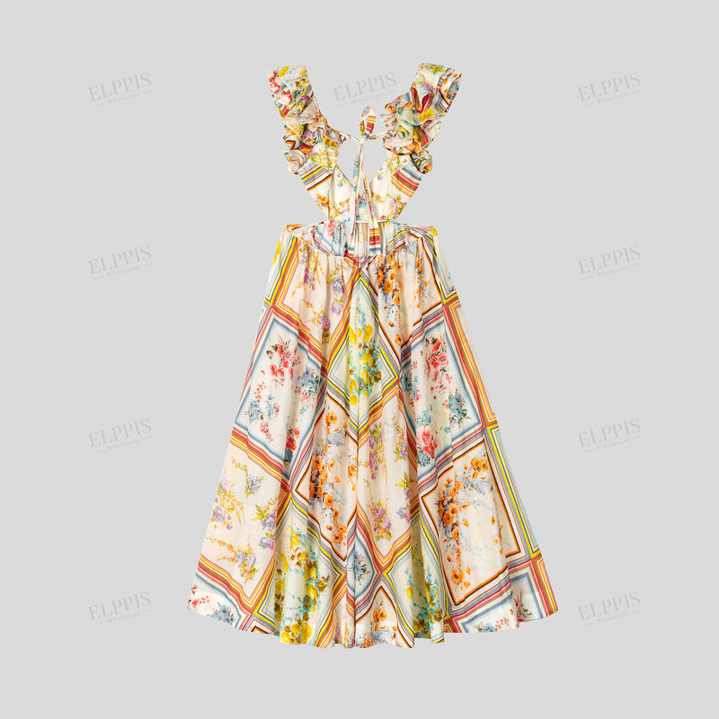 WZBA1442 Graphic Flowers V neck Maxi Dress