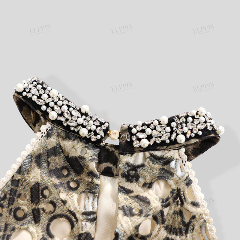 WZBA1316 Leopard Eyelets Embroidery Mini Dress