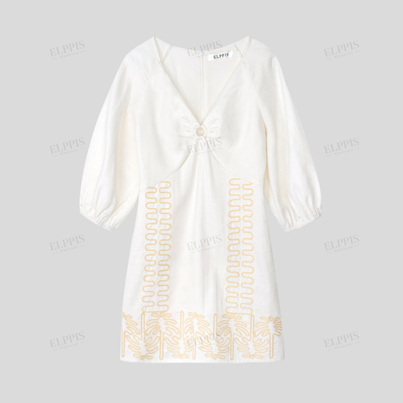 WZBA1057 Cotton-linen Embroidered Short Dress