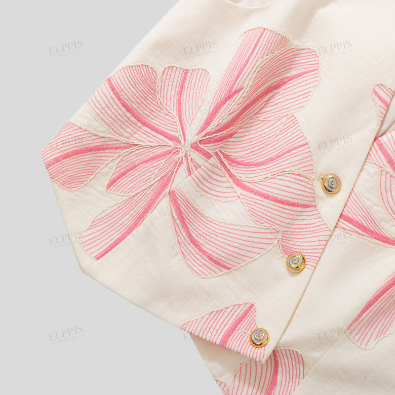 WZUA1437 Floral Embroidery Vest and Pants Set