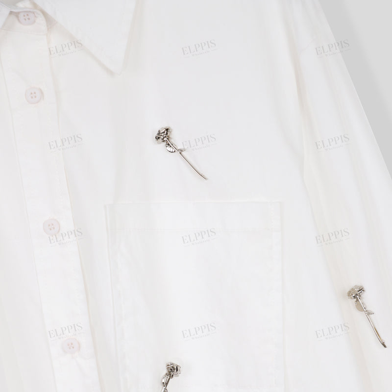 WZTA1097 Metallic Rose Deco Long Shirt