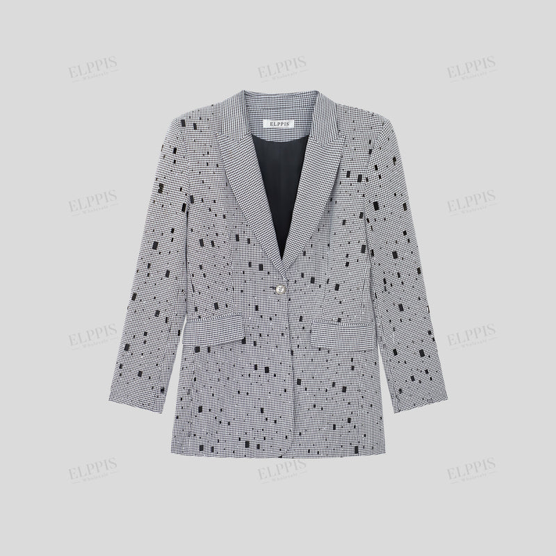 WZTA1477 Houndstooth Long Blazer Outerwear