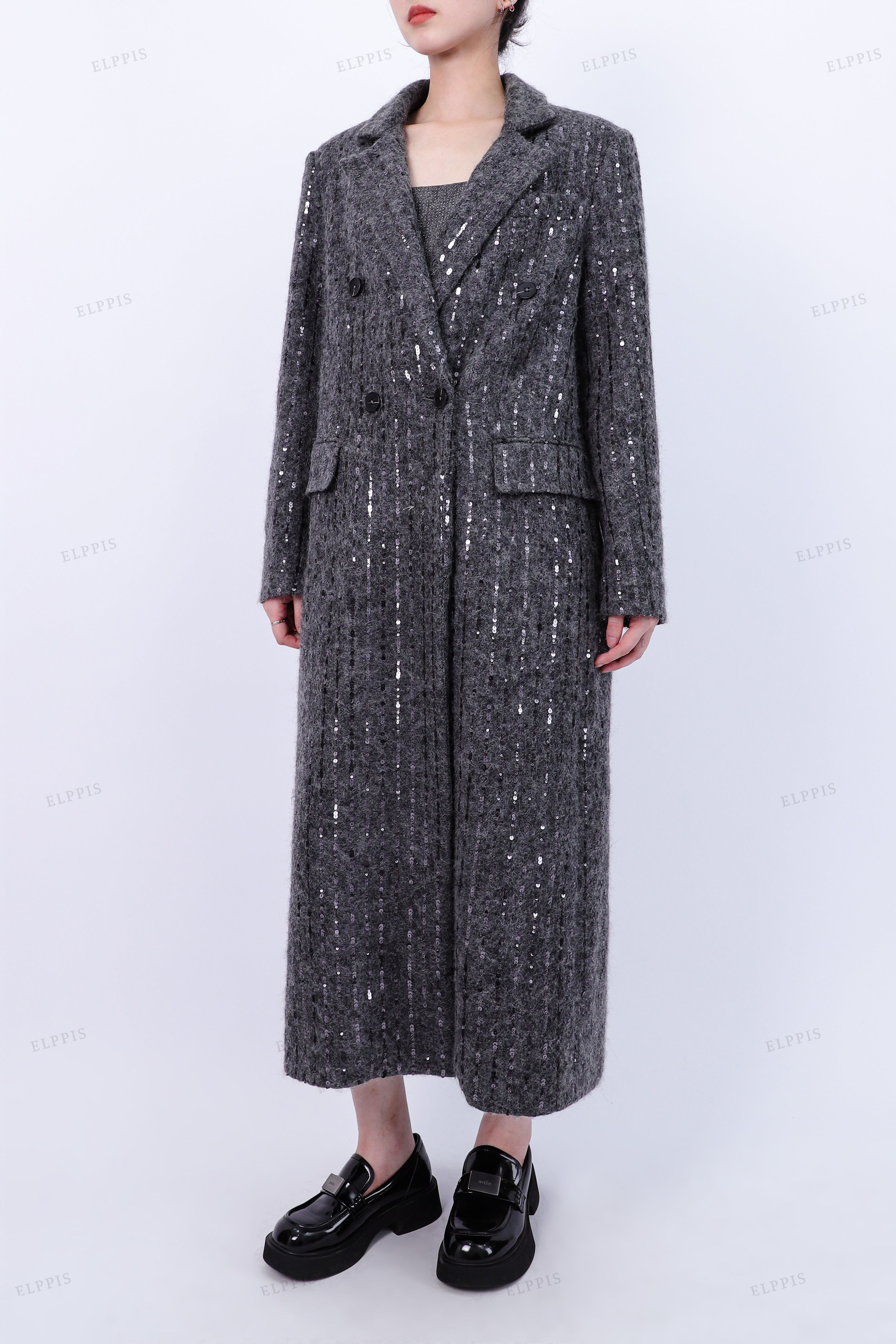 WFWC044 Sequins Wool Long Coat